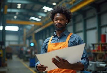Poster - A man in an orange jumpsuit stands in a factory holding a piece of paper.
