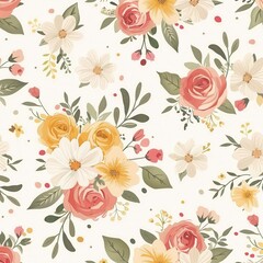 Wall Mural - Floral pattern featuring roses and daisies in soft pastel colors on a light background for design projects and decor. Generative AI