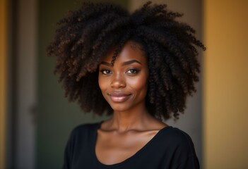 Wall Mural - A woman with curly black hair smiles softly at the camera.