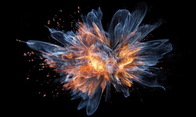 Poster - Explosion of vibrant colors and textures, fiery orange and blue hues, dynamic energy, abstract art, high contrast against black background