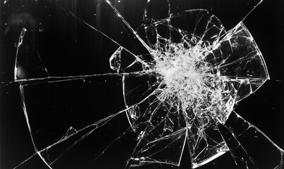 Poster - Shattered glass with intricate cracks and patterns, black background, sharp edges, reflective surfaces, abstract art