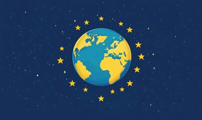 Poster - Earth surrounded by stars and European Union stars, blue background, vibrant colors, cartoon style