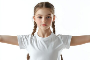 Young girl in white T shirt doing sports exercise on white.