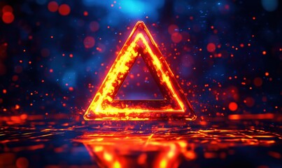 Poster - Glowing triangular warning sign, vibrant colors, abstract background, illuminated edges, digital art, modern design