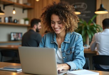 Aufkleber - A young woman with curly hair smiles while working on a laptop in a cafe.