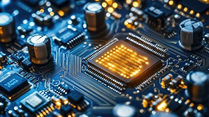 Poster - Close-up of a circuit board with a glowing microchip and electronic components.
