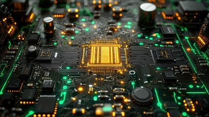 Poster - Close-up of a circuit board with glowing components and intricate connections.