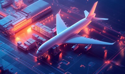 Poster - Futuristic cargo airplane at high-tech logistics hub, illuminated by neon lights, surrounded by shipping containers and advanced technology.