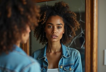 Wall Mural - A woman with curly hair looks at her reflection in a mirror.