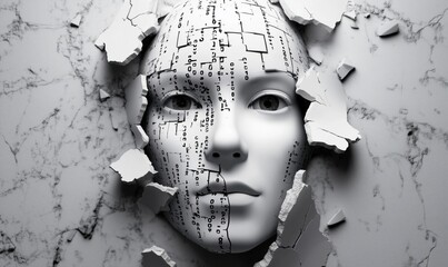 Poster - Robot face emerging from cracked wall, features digital code patterns, expressionless gaze, futuristic design, marble texture background