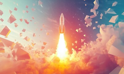 Poster - Rocket launch with explosive flames and geometric shapes, vibrant sky, clouds, and stars