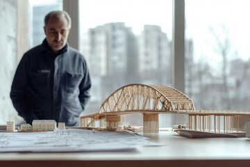 Leinwandbilder - Civil engineer analyzing a detailed bridge model in a modern office space with urban backdrop. Generative AI
