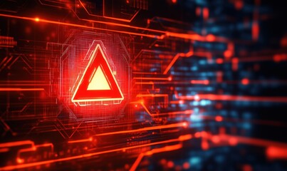 Poster - Warning symbol in digital environment, glowing red triangle, circuit patterns, technology background, futuristic design