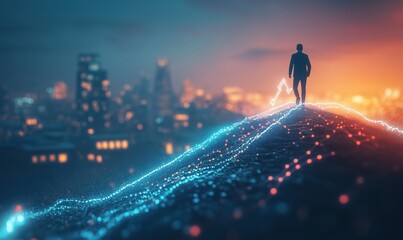 Poster - Business growth visualization, silhouette of businessman standing on data graph, city skyline in background, glowing lines representing progress