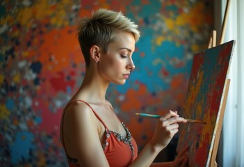 Aufkleber - A woman with short blonde hair paints on a canvas with a paintbrush.