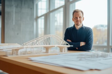 Leinwandbilder - Civil engineer presenting bridge model in a modern design studio during daytime. Generative AI