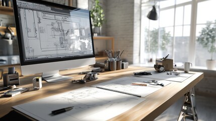 Leinwandbilder - Modern engineering desk with detailed plans and tools in a bright workspace. Generative AI