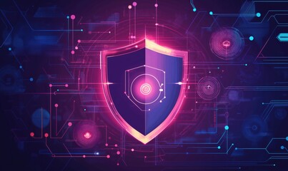 Poster - digital shield symbolizing cybersecurity, vibrant colors, abstract technology background, interconne