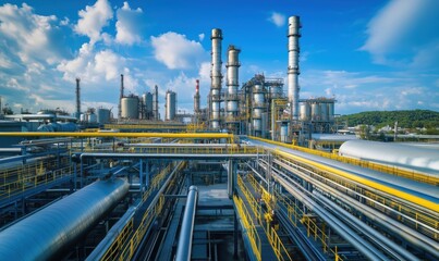 Poster - Industrial complex with pipelines and towers, showcasing advanced manufacturing processes and infrastructure. Blue sky, clouds, and greenery in background.