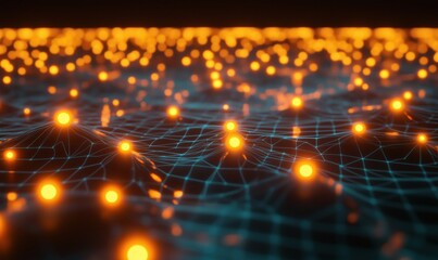Poster - Abstract network of glowing nodes and lines, vibrant orange lights on dark background, representing technology and connectivity