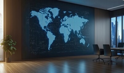 Poster - World map digital display, modern office interior, sleek design, large windows, wooden floor, plant, conference table, city skyline view