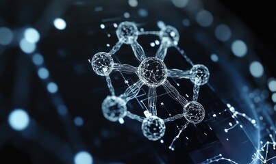 Poster - Molecular structure representation, interconnected nodes, digital background, abstract technology concept, glowing lines, scientific visualization