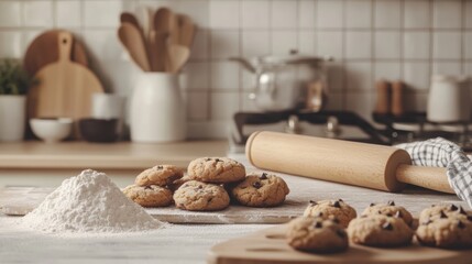 Poster - Freshly baked cookies on a kitchen countertop with preparation materials creating a warm and inviting atmosphere. Generative AI