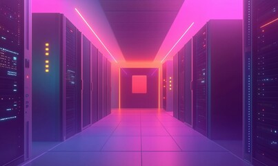 Poster - Futuristic data center corridor illuminated with neon lights, showcasing rows of servers and vibrant colors