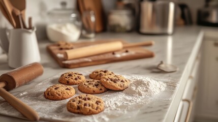 Poster - Freshly baked cookies on a kitchen countertop with flour and rolling pin ready for baking treats. Generative AI