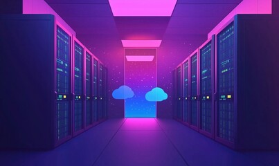 Poster - Futuristic Data Center with Neon Lights and Cloud Imagery, High-Tech Server Racks, Digital Environment, Vibrant Colors, Modern Technology