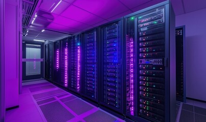 Poster - High-tech server room illuminated with vibrant purple lights showcasing advanced data storage technology and modern infrastructure