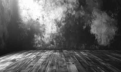 Poster - Grungy textured wall and wooden floor in monochrome, perfect for backgrounds or artistic displays