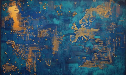 Poster - Abstract digital map resembling circuit board with blue and orange colors, intricate patterns, and geographical features