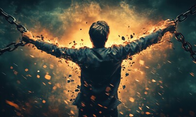 Poster - Man breaking free from chains, surrounded by explosive energy and debris, symbolizing liberation and transformation