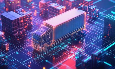 Poster - Futuristic truck navigating digital cityscape with neon lights, representing logistics and transportation technology