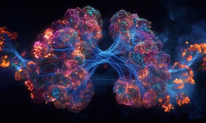 Poster - Colorful abstract representation of interconnected neural networks with glowing nodes and vibrant energy flows, showcasing intricate patterns and dynamic connections