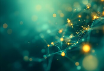 Poster - Abstract network connections with glowing golden lights on deep turquoise background. Digital technology concept. Modern tech design with bokeh effect and sparkles for tech banner