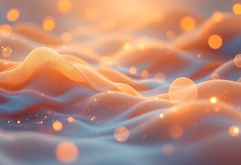 Poster - Dreamy orange and blue abstract waves with glowing bokeh lights. Soft flowing liquid motion background. Gentle gradient curves with sparkles. Ethereal design element for peaceful themes