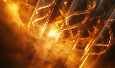 Poster - Golden DNA Helix Structures in Fiery Background, Abstract Science Concept, Molecular Biology, Genetic Research, Laboratory Visualization