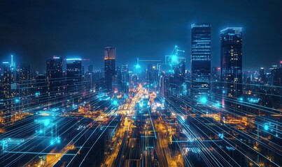 Poster - Futuristic city skyline illuminated by neon lights, showcasing digital connectivity and urban architecture at night