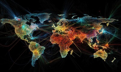 Poster - Global Connectivity Visualization with Colorful Data Streams Representing Internet Traffic and Communication Networks Across Continents