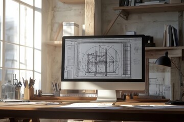 Aufkleber - Modern engineering desk with blueprint display and ample copy space for design notes and sketches. Generative AI
