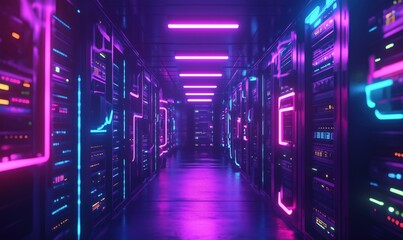 Poster - Futuristic data center corridor illuminated by neon lights showcasing advanced server technology and vibrant colors
