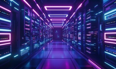 Poster - Futuristic data center corridor illuminated with vibrant neon lights, showcasing advanced server technology and sleek design