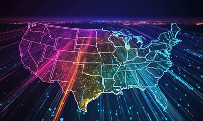 Poster - United States Map with Colorful Data Visualization and Light Trails Representing Connectivity and Technology