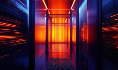 Poster - Futuristic data center corridor illuminated by vibrant orange and blue lights, showcasing advanced technology and sleek design