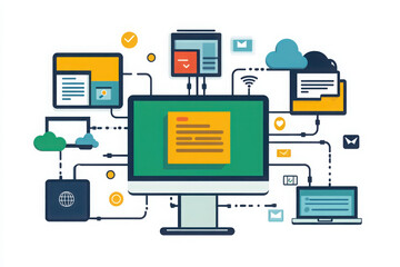 A colorful representation of data management showcasing a computer connected to various documents, gears, and cloud storage, symbolizing the integration of technology and information exchange