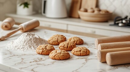 Poster - Freshly baked cookies on a kitchen countertop ready for enjoyment with space for text. Generative AI