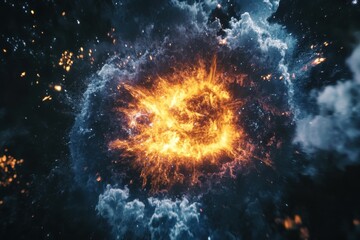 Poster - Explosion of vibrant colors and energy emerges from dark clouds in a cosmic setting