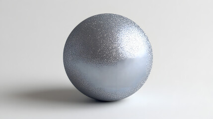 Poster - A single, shiny silver sphere sits on a plain white background. Its surface has a subtle textured look, possibly glitter or a metallic finish. The lighting highlights its reflective qualities.